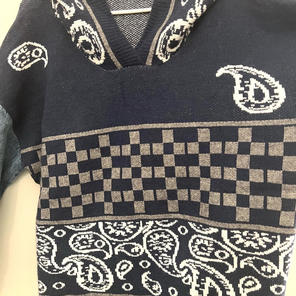 POL Navy and Gray V-Neck Sweater with hood and denim sleeve detail - Picture 4 of 8